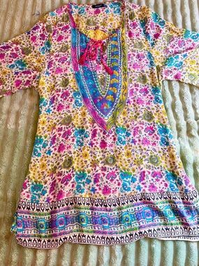 Vibrant Floral Tie-Front Tunic — Pink, Teal & Yellow